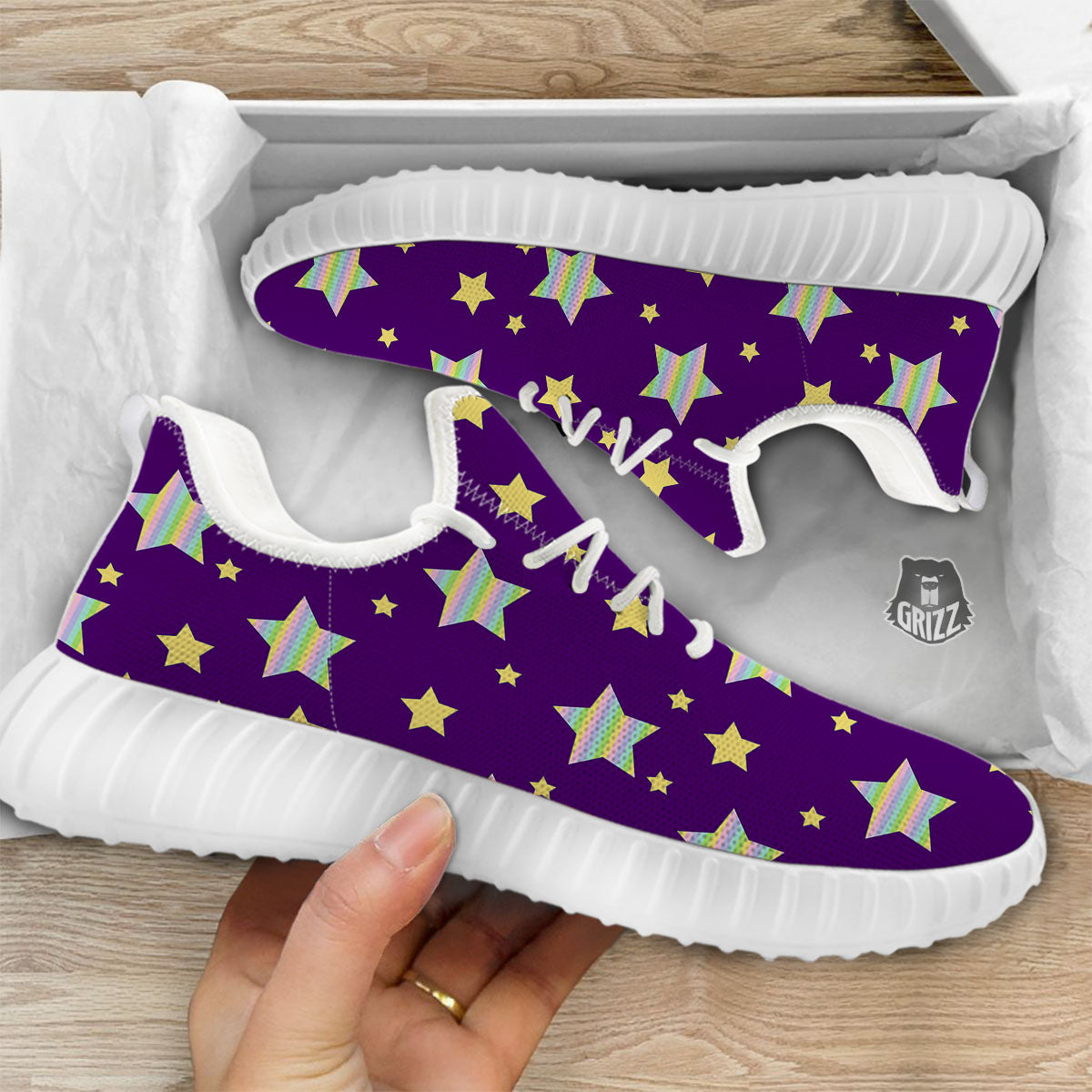 Yellow Stars Purple Print Pattern White Walking Shoes-grizzshop