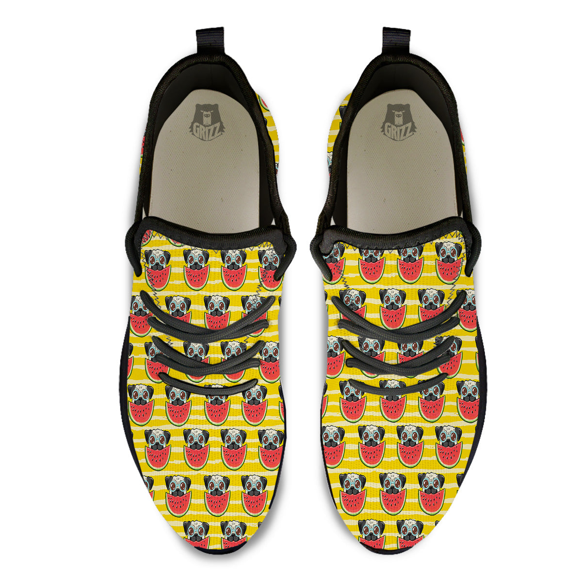 Yellow Striped Pug Dog Print Pattern Black Athletic Shoes-grizzshop