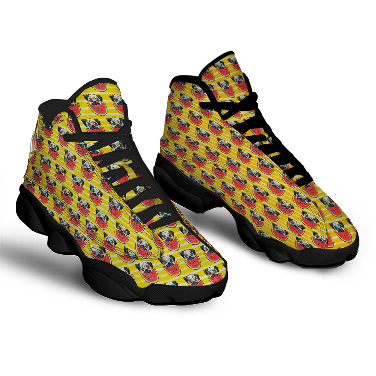 Yellow Striped Pug Dog Print Pattern Black Basketball Shoes-grizzshop