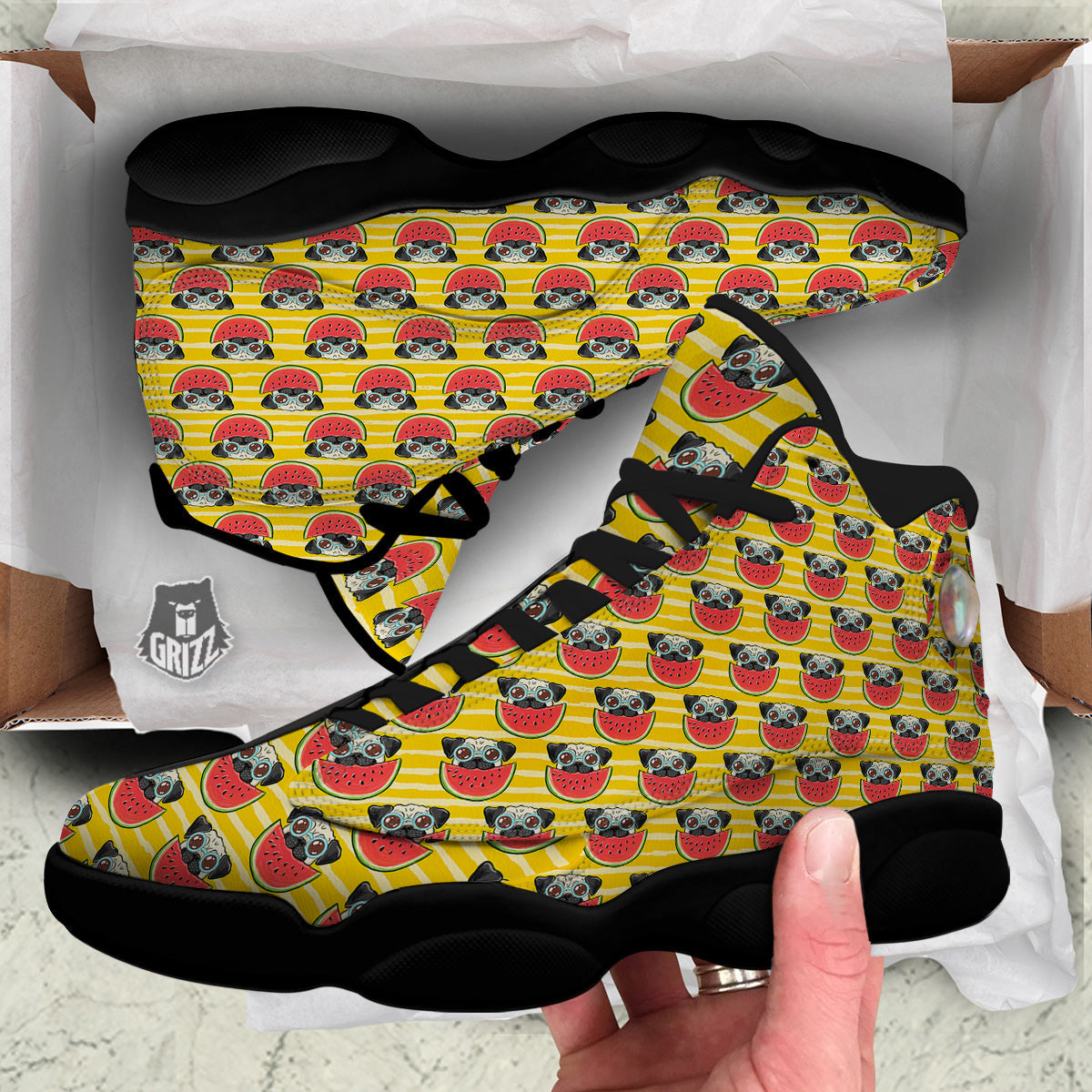Yellow Striped Pug Dog Print Pattern Black Basketball Shoes-grizzshop
