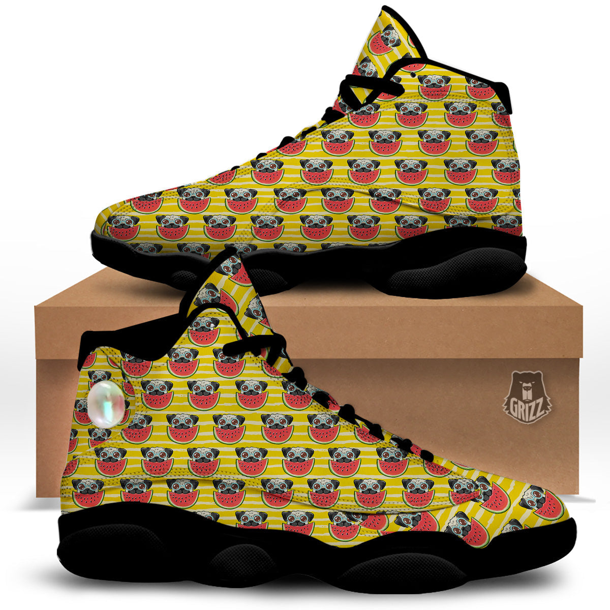 Yellow Striped Pug Dog Print Pattern Black Basketball Shoes-grizzshop