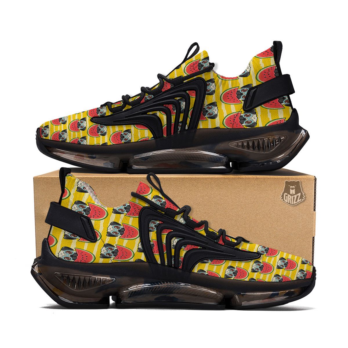 Yellow Striped Pug Dog Print Pattern Black Gym Shoes-grizzshop