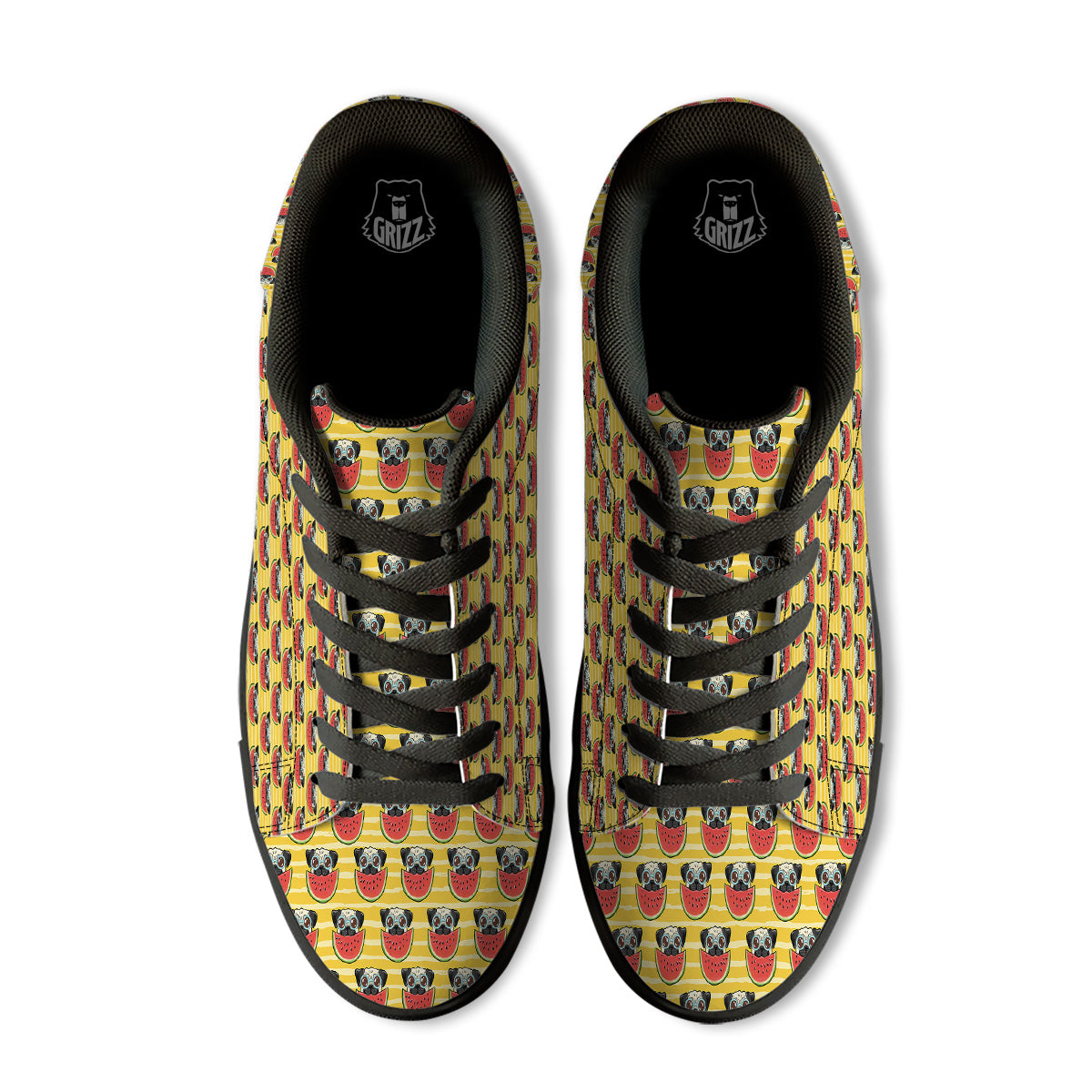 Yellow Striped Pug Dog Print Pattern Black Low Top Sneakers-grizzshop