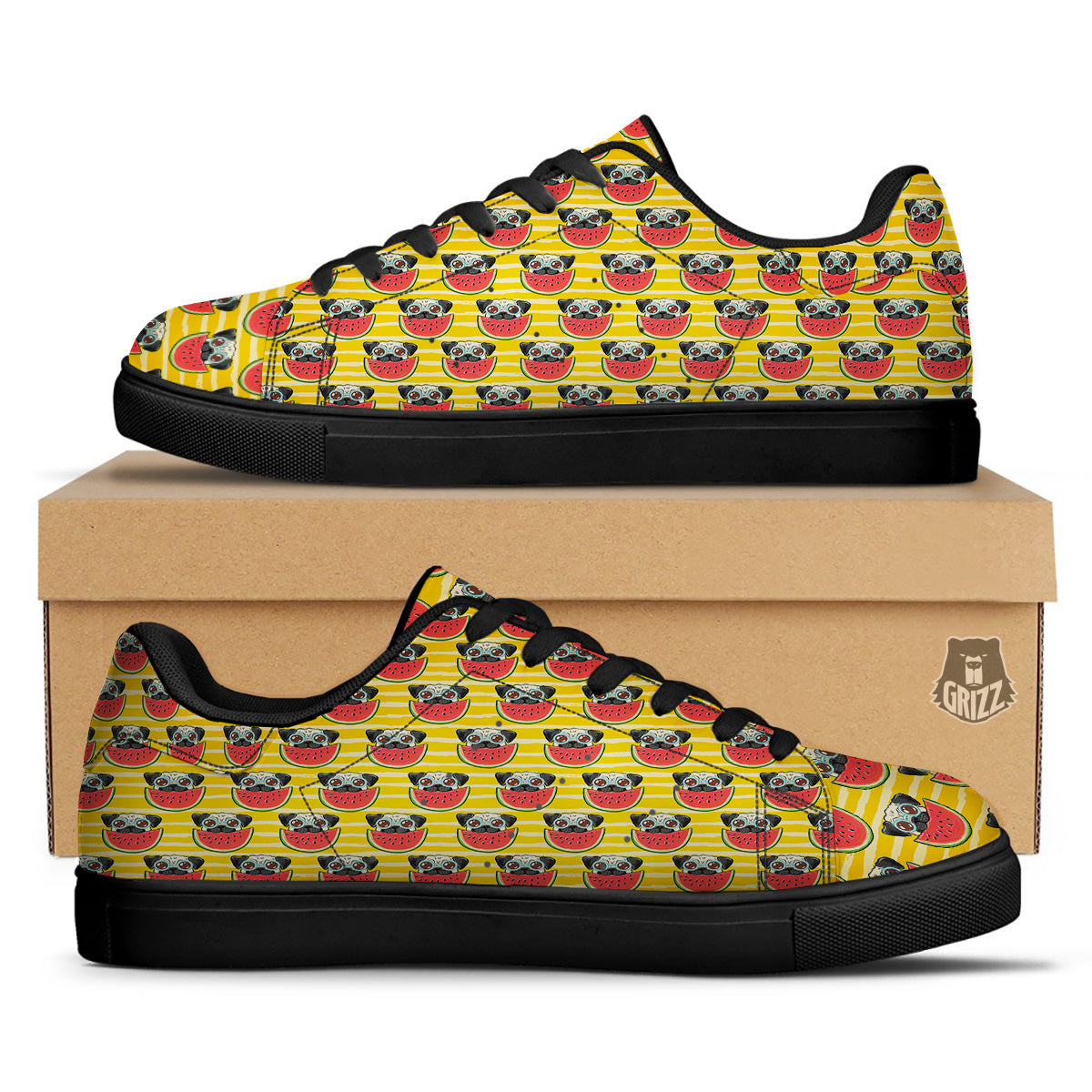 Yellow Striped Pug Dog Print Pattern Black Low Top Sneakers-grizzshop