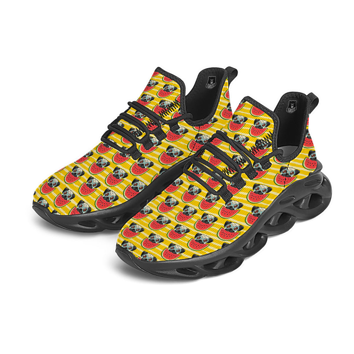 Yellow Striped Pug Dog Print Pattern Black Running Shoes-grizzshop