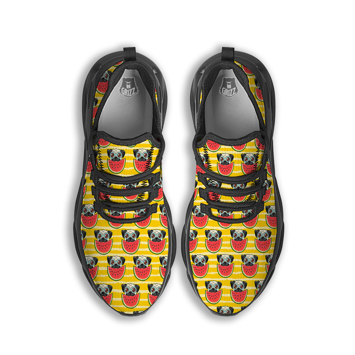 Yellow Striped Pug Dog Print Pattern Black Running Shoes-grizzshop