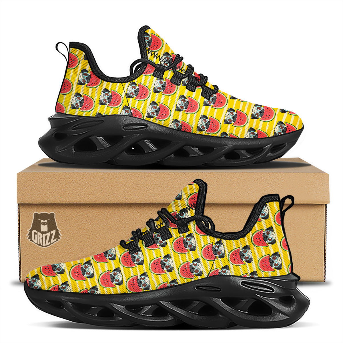 Yellow Striped Pug Dog Print Pattern Black Running Shoes-grizzshop