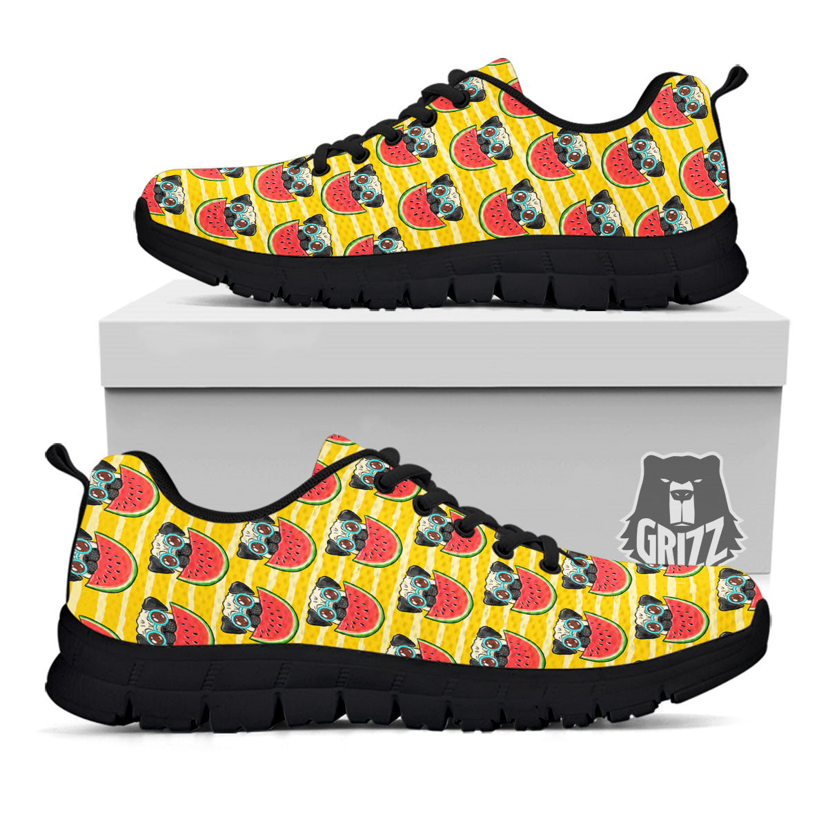 Yellow Striped Pug Dog Print Pattern Black Sneaker-grizzshop