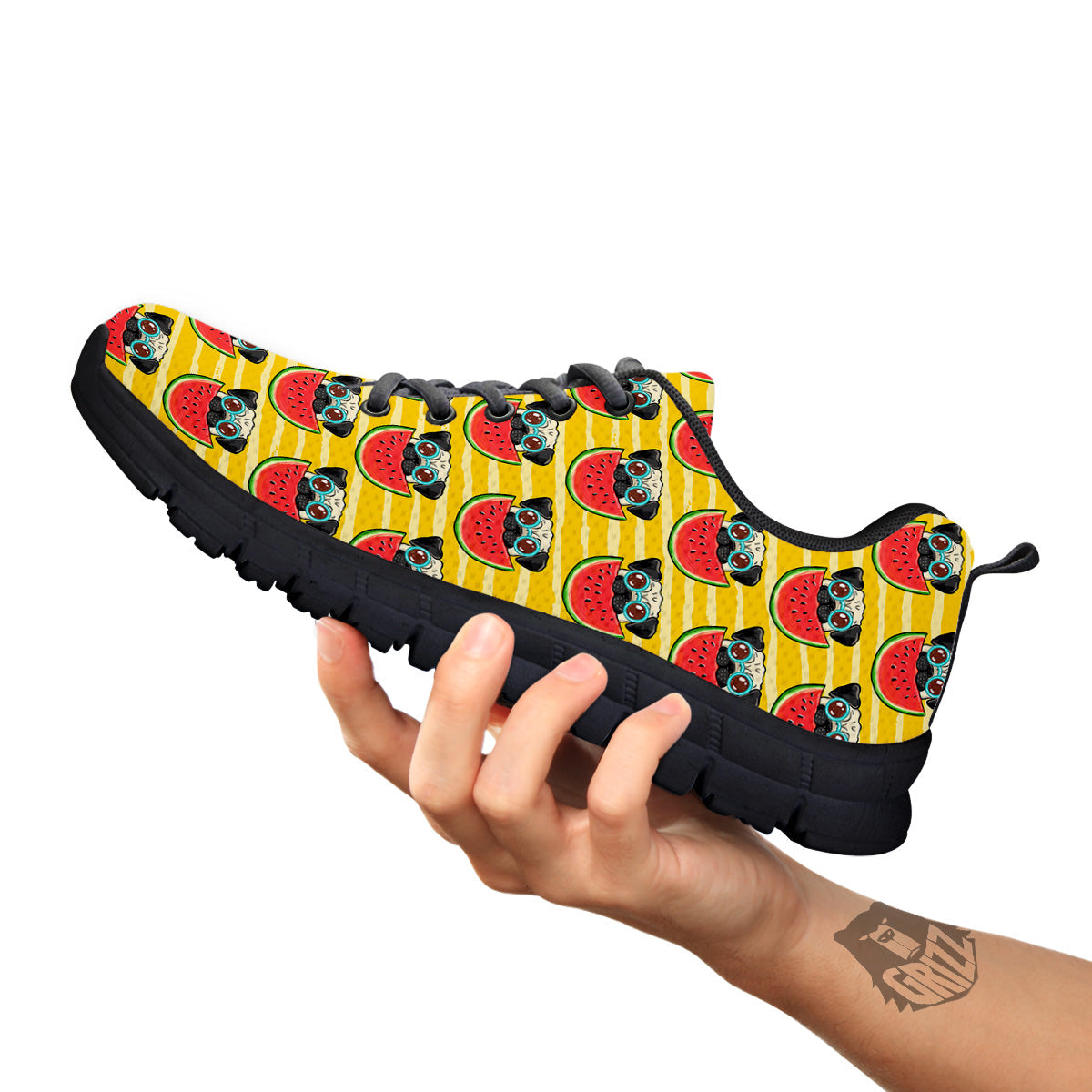 Yellow Striped Pug Dog Print Pattern Black Sneaker-grizzshop