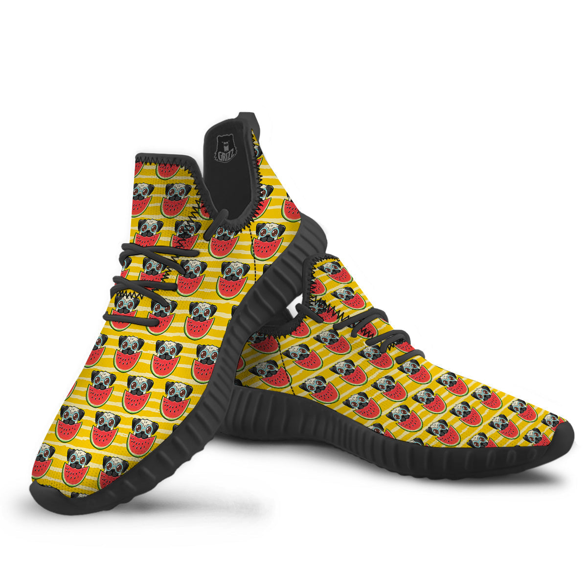 Yellow Striped Pug Dog Print Pattern Black Walking Shoes-grizzshop