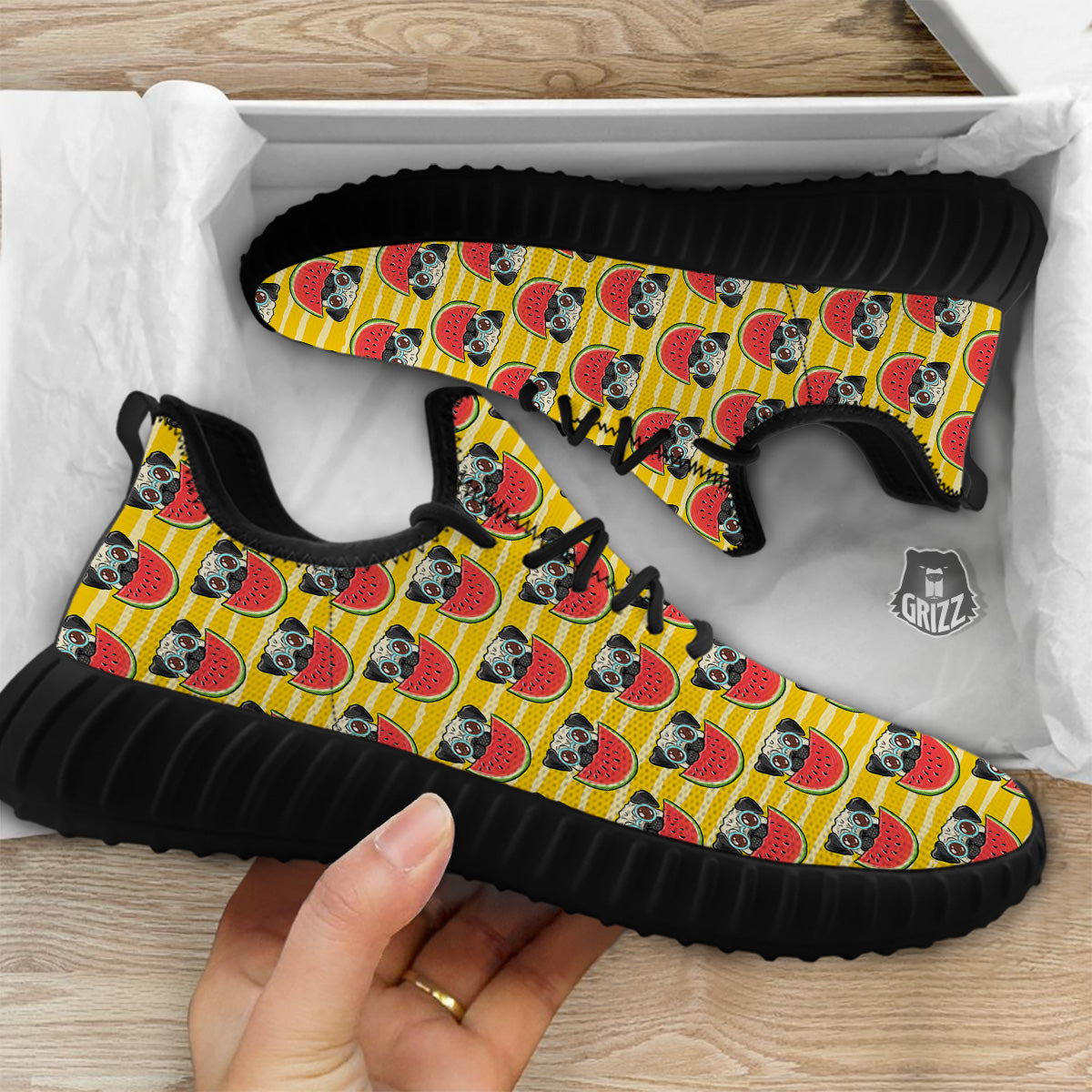 Yellow Striped Pug Dog Print Pattern Black Walking Shoes-grizzshop