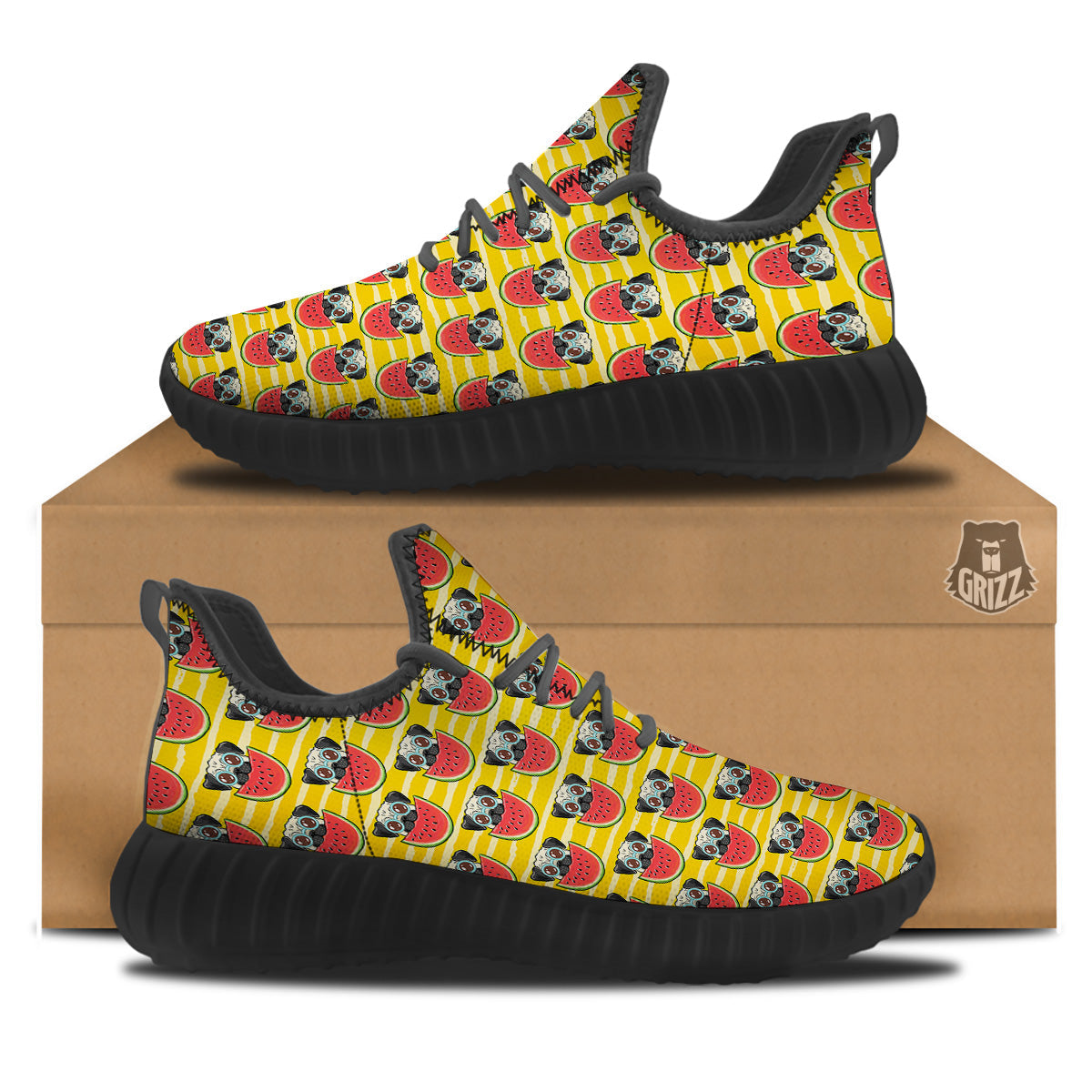 Yellow Striped Pug Dog Print Pattern Black Walking Shoes-grizzshop