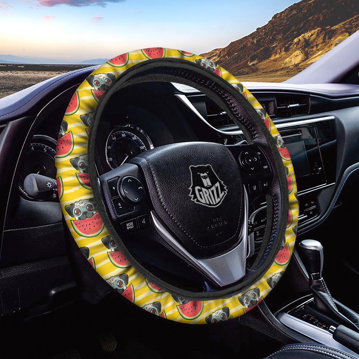 Yellow Striped Pug Dog Print Pattern Car Steering Wheel Cover-grizzshop