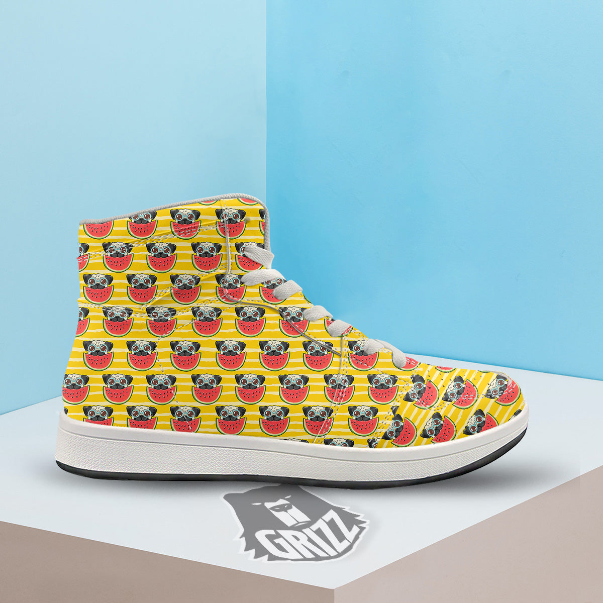 Yellow Striped Pug Dog Print Pattern High Top Sneakers-grizzshop