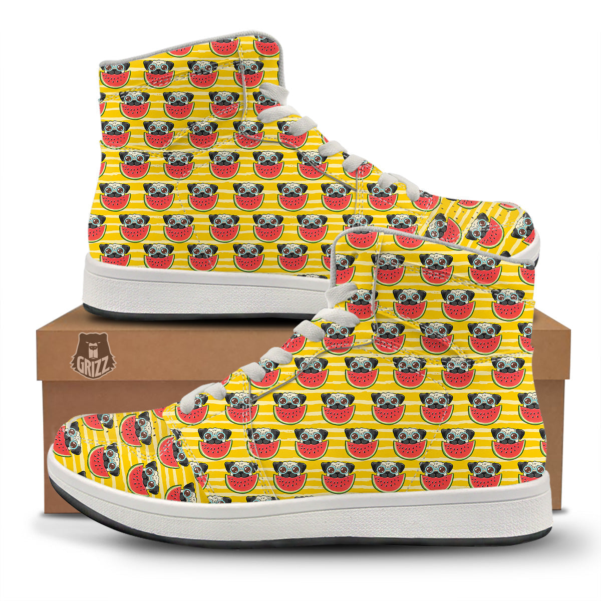 Yellow Striped Pug Dog Print Pattern High Top Sneakers-grizzshop