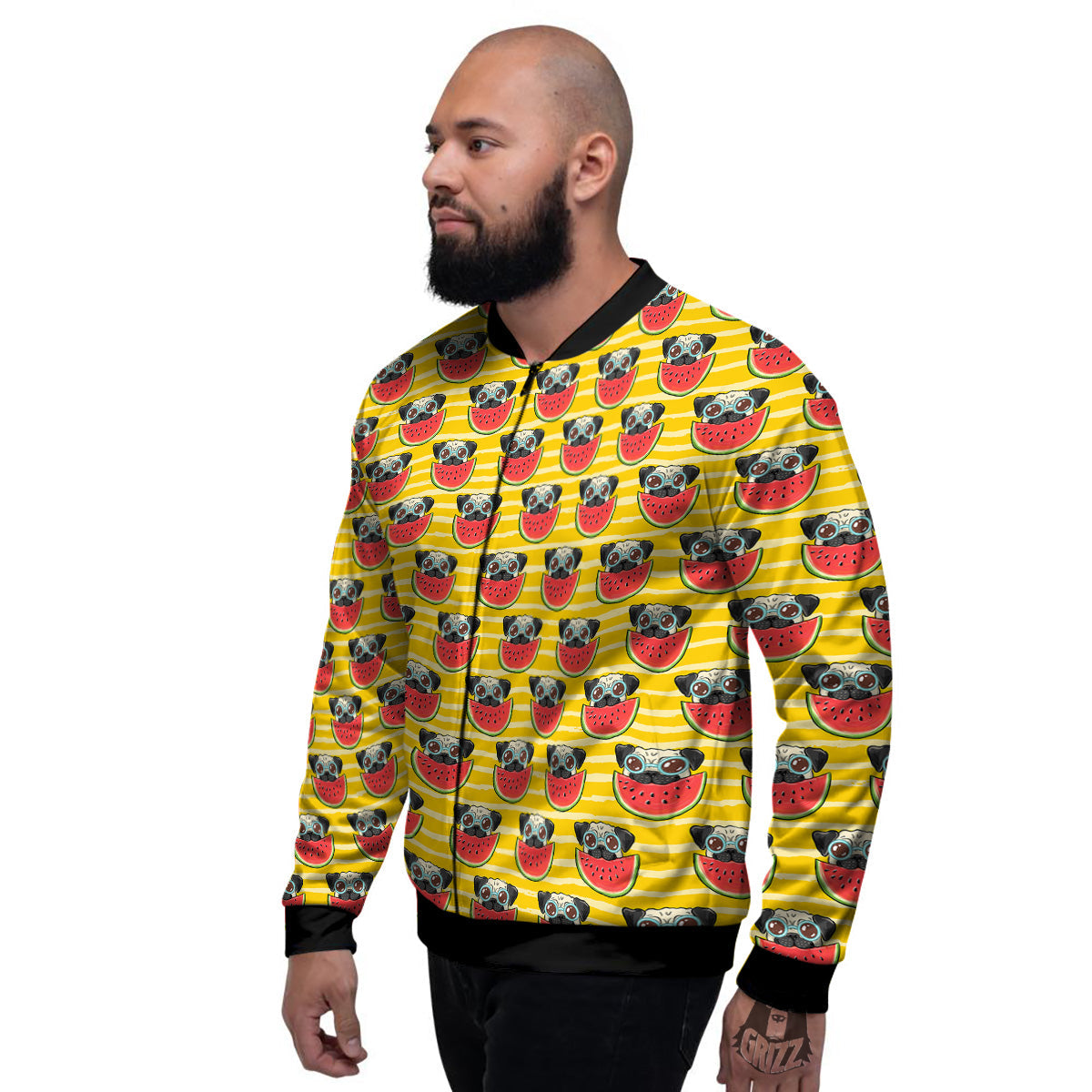 Yellow Striped Pug Dog Print Pattern Men's Bomber Jacket-grizzshop