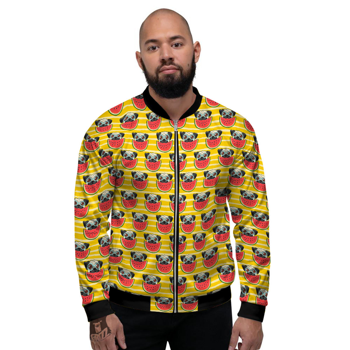 Yellow Striped Pug Dog Print Pattern Men's Bomber Jacket-grizzshop
