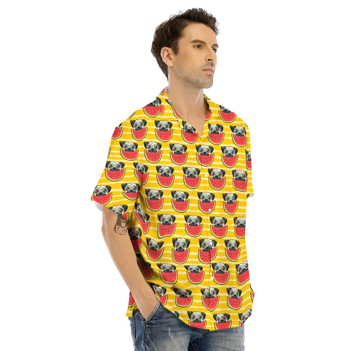 Yellow Striped Pug Dog Print Pattern Men's Hawaiian Shirt-grizzshop