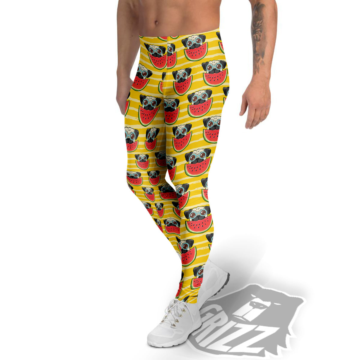 Yellow Striped Pug Dog Print Pattern Men's Leggings-grizzshop