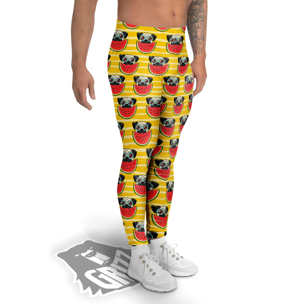 Yellow Striped Pug Dog Print Pattern Men's Leggings-grizzshop