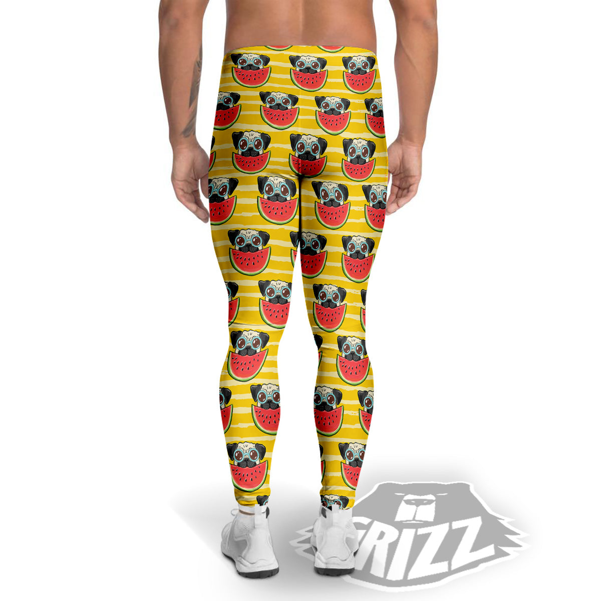 Yellow Striped Pug Dog Print Pattern Men's Leggings-grizzshop