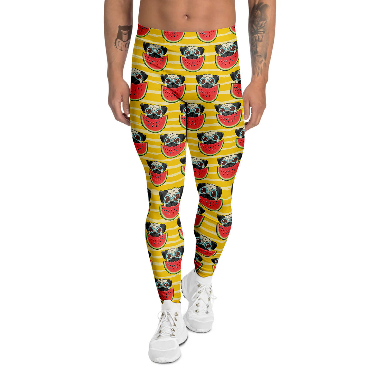 Yellow Striped Pug Dog Print Pattern Men's Leggings-grizzshop