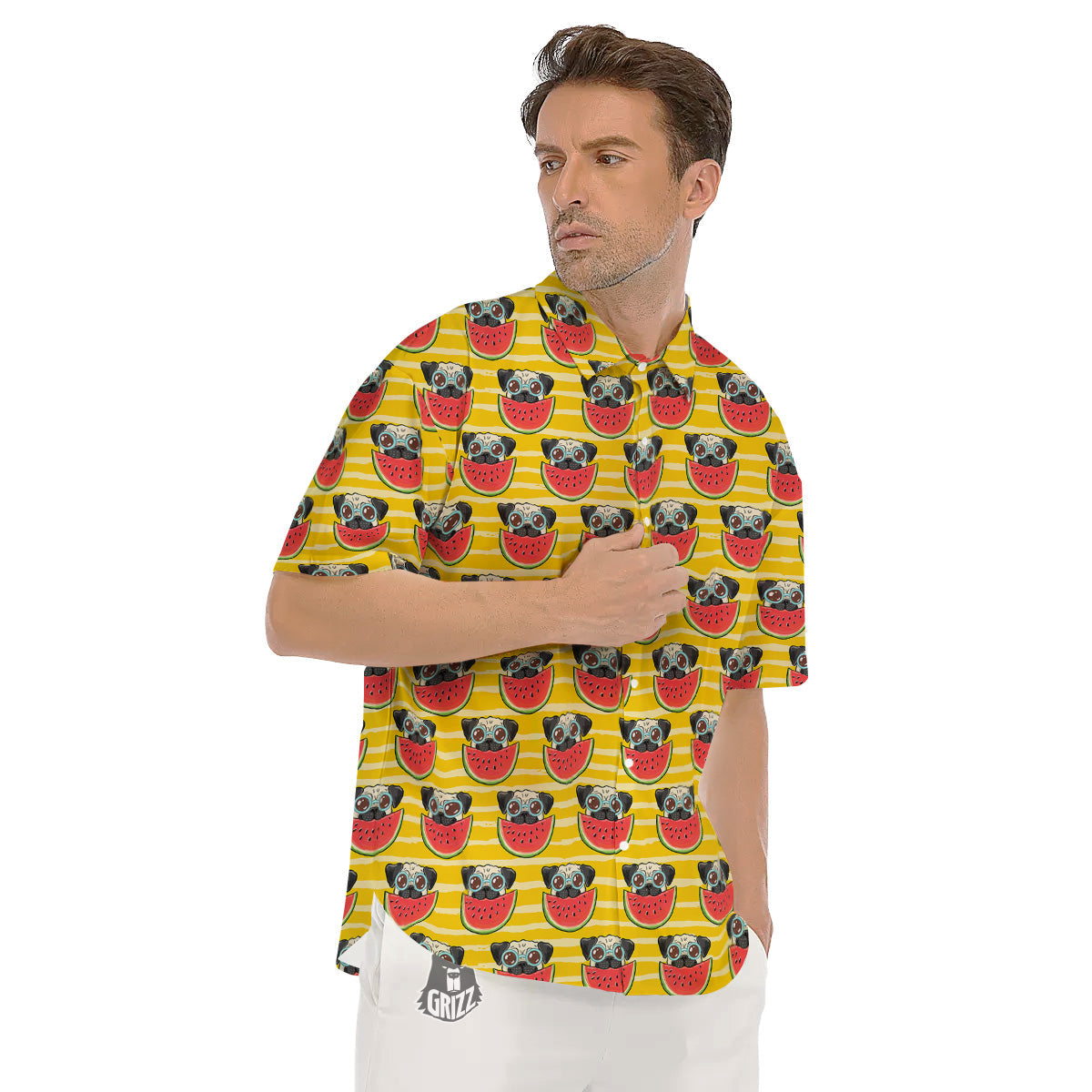 Yellow Striped Pug Dog Print Pattern Men's Short Sleeve Shirts-grizzshop