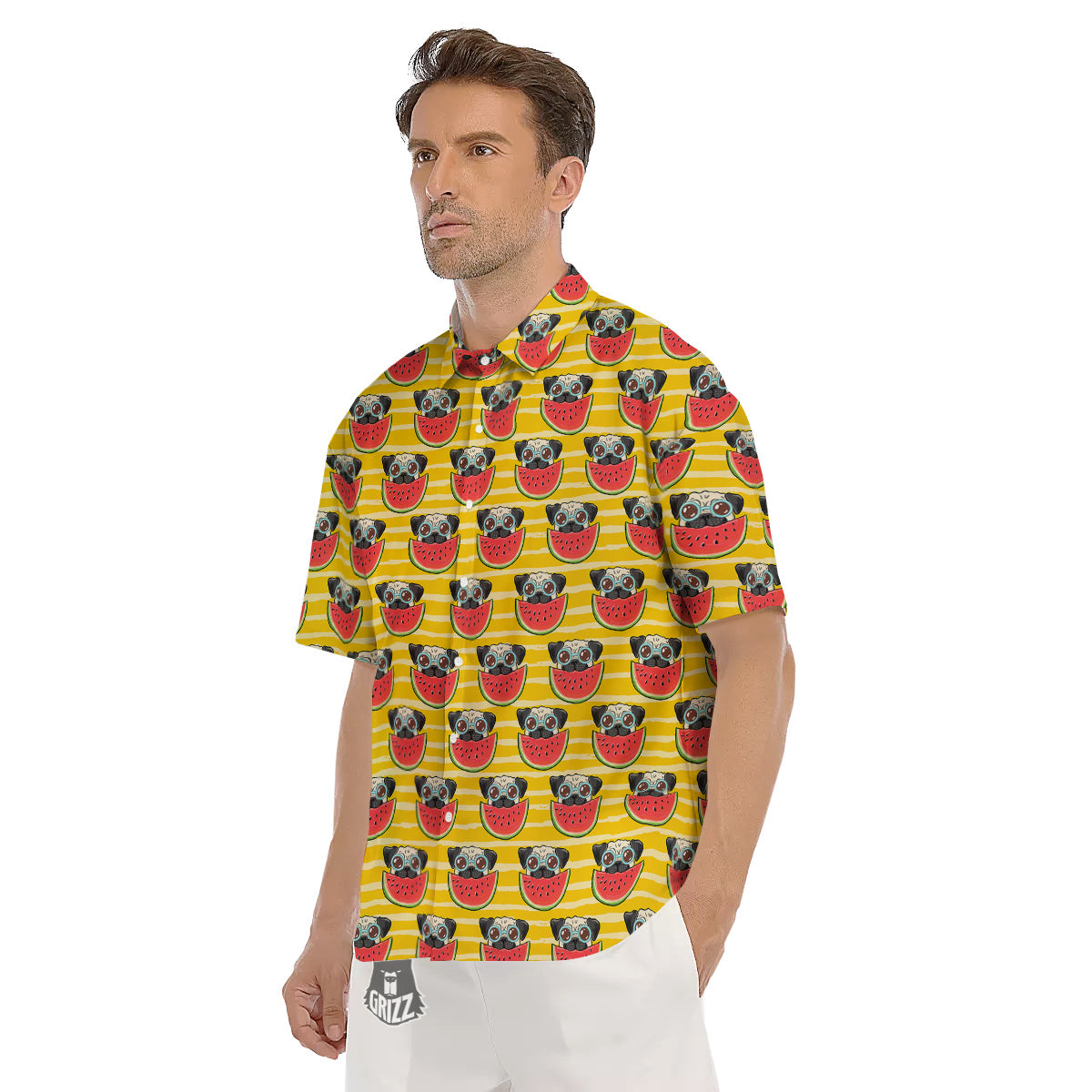 Yellow Striped Pug Dog Print Pattern Men's Short Sleeve Shirts-grizzshop