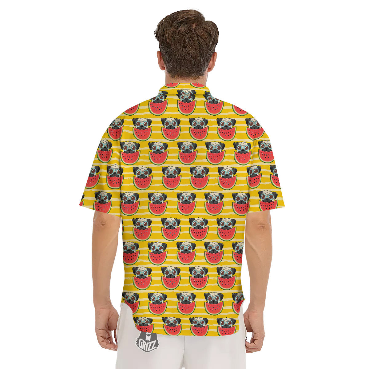 Yellow Striped Pug Dog Print Pattern Men's Short Sleeve Shirts-grizzshop