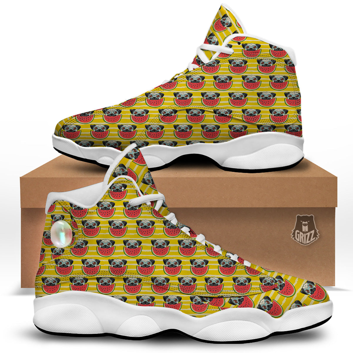 Yellow Striped Pug Dog Print Pattern White Basketball Shoes-grizzshop