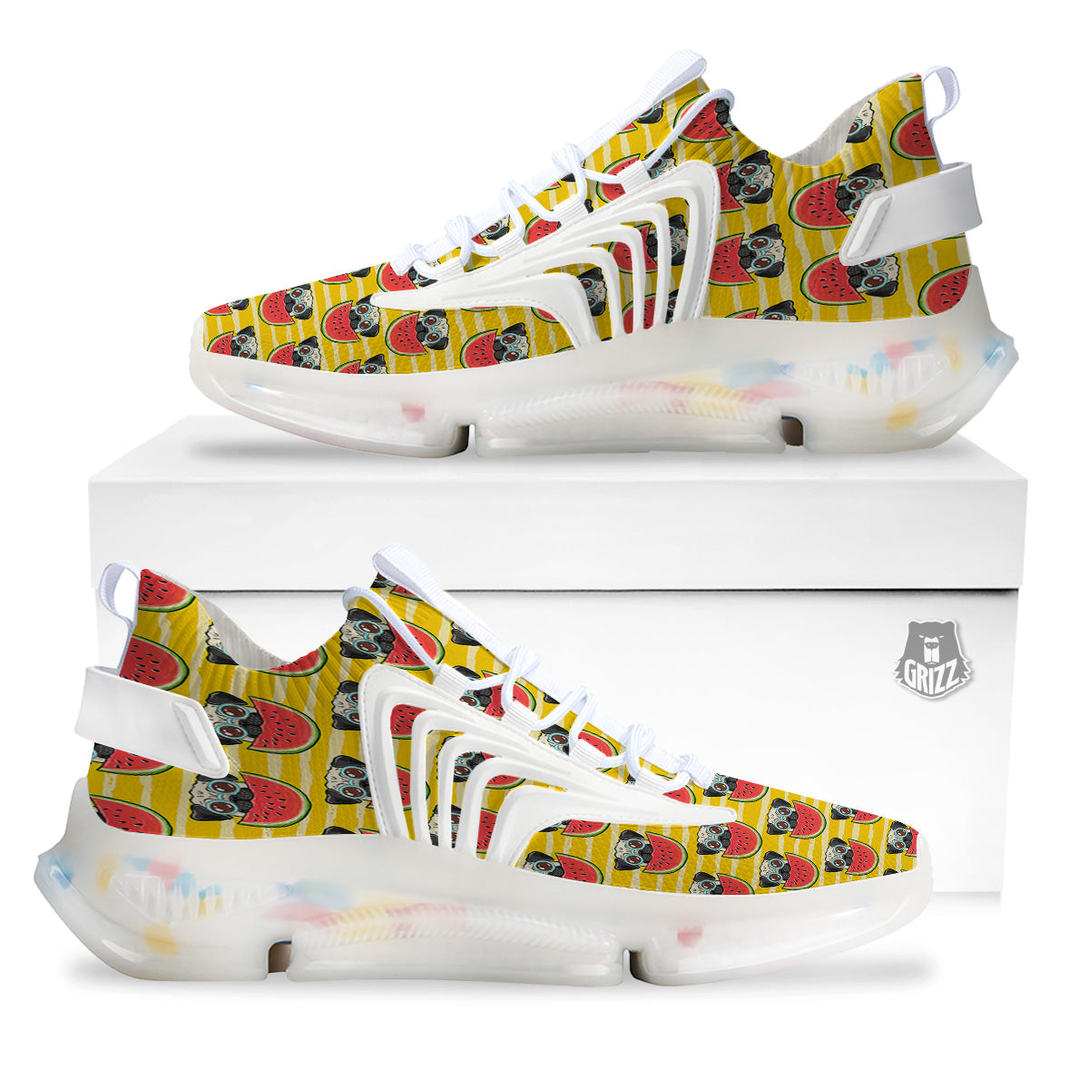 Yellow Striped Pug Dog Print Pattern White Gym Shoes-grizzshop