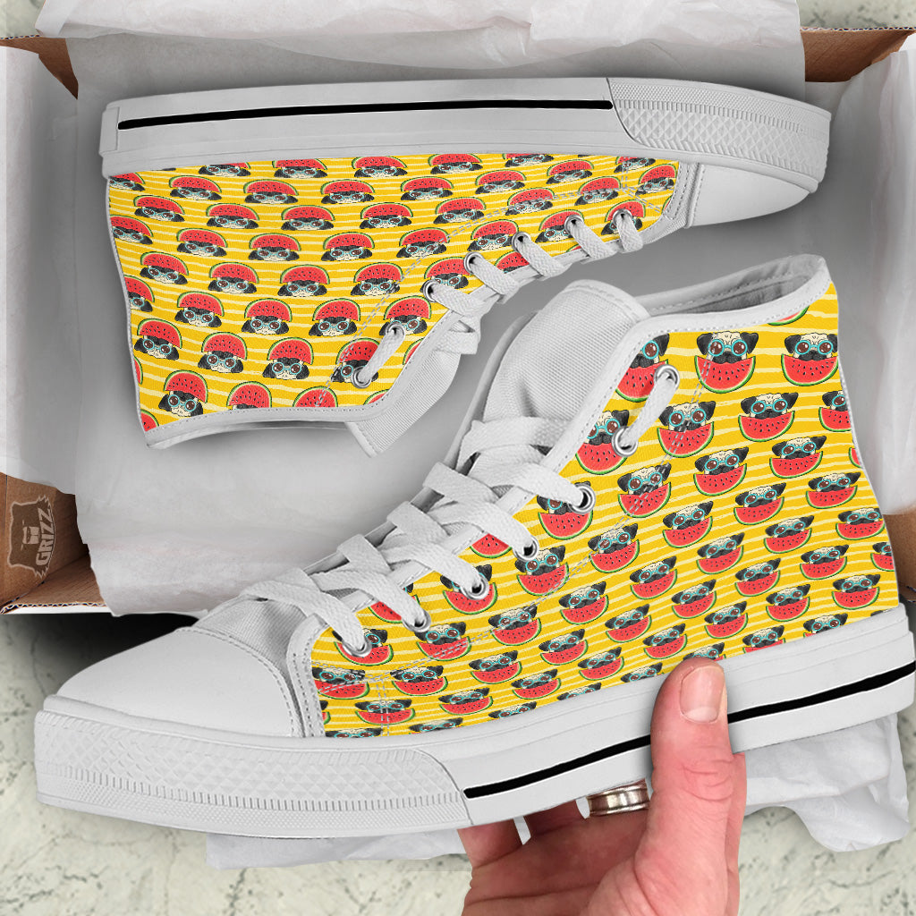 Yellow Striped Pug Dog Print Pattern White High Top Shoes-grizzshop