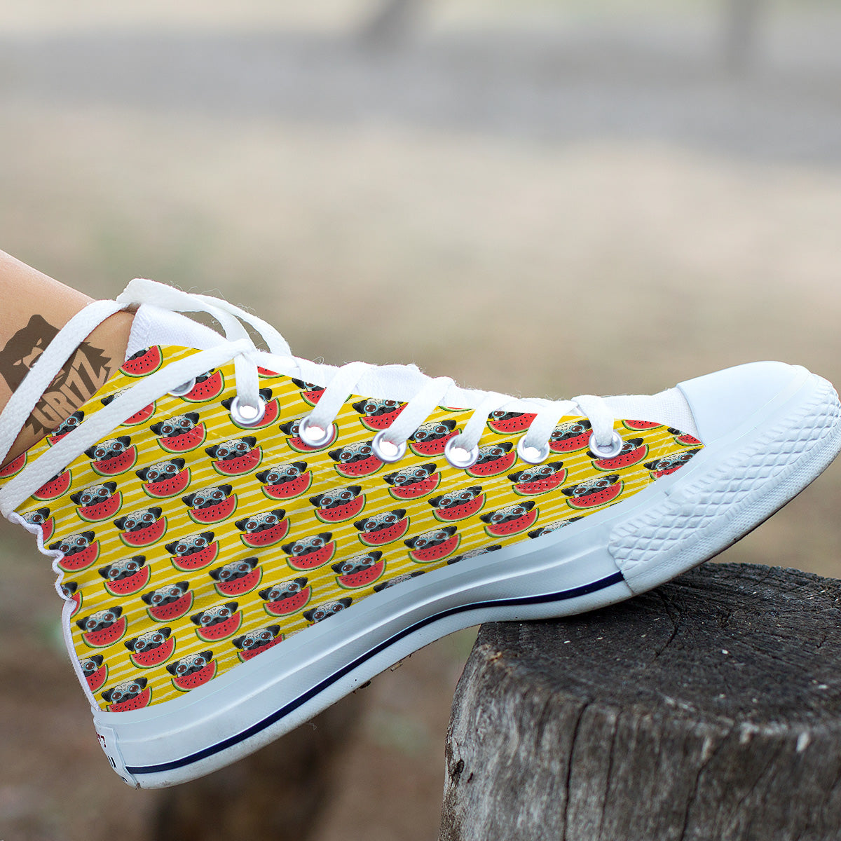 Yellow Striped Pug Dog Print Pattern White High Top Shoes-grizzshop