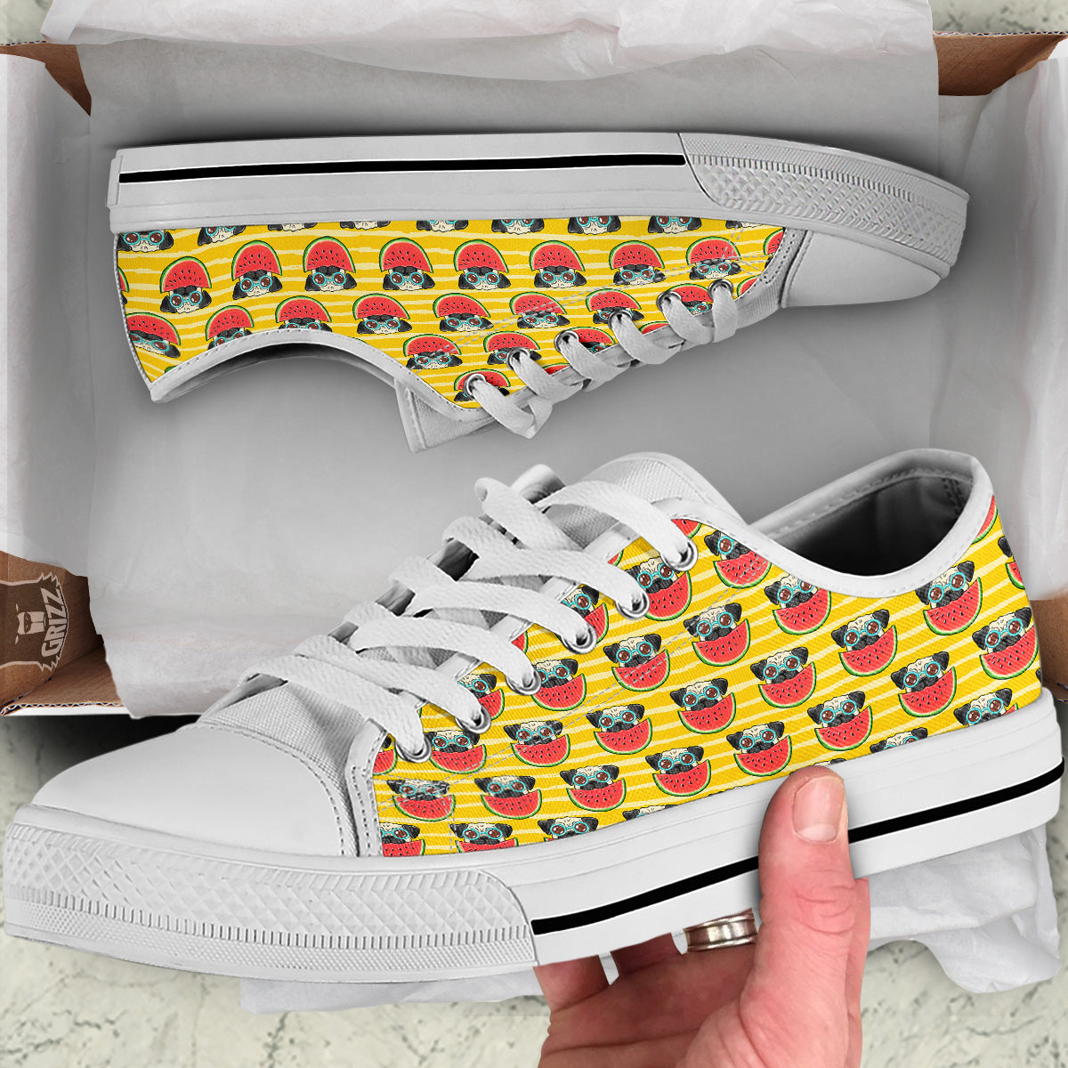 Yellow Striped Pug Dog Print Pattern White Low Top Shoes-grizzshop