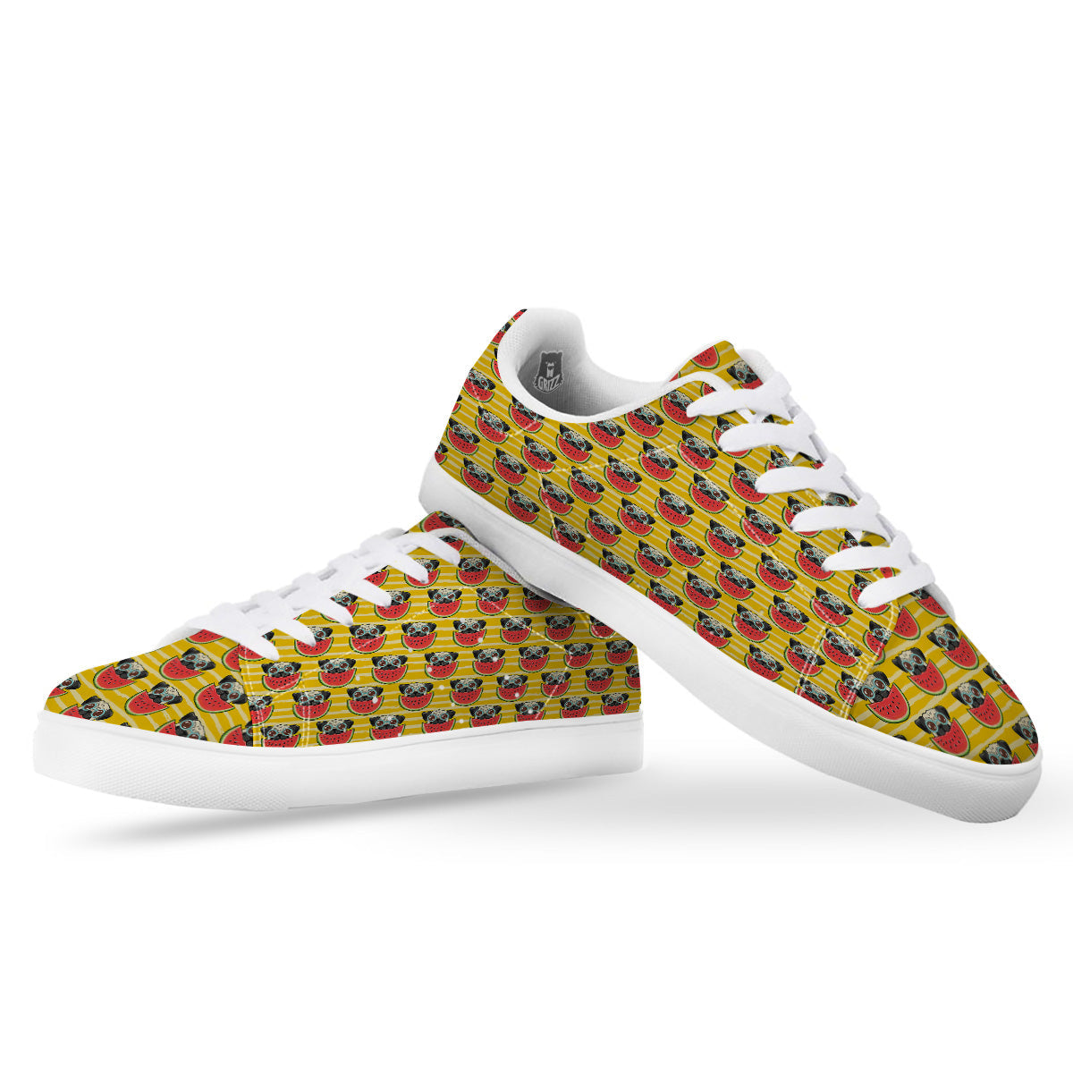 Yellow Striped Pug Dog Print Pattern White Low Top Sneakers-grizzshop