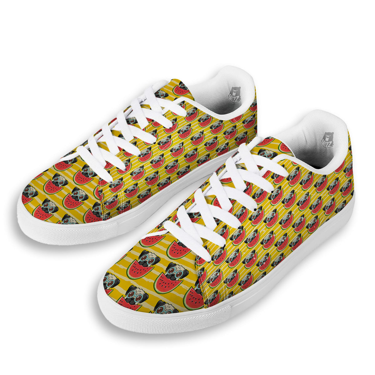Yellow Striped Pug Dog Print Pattern White Low Top Sneakers-grizzshop