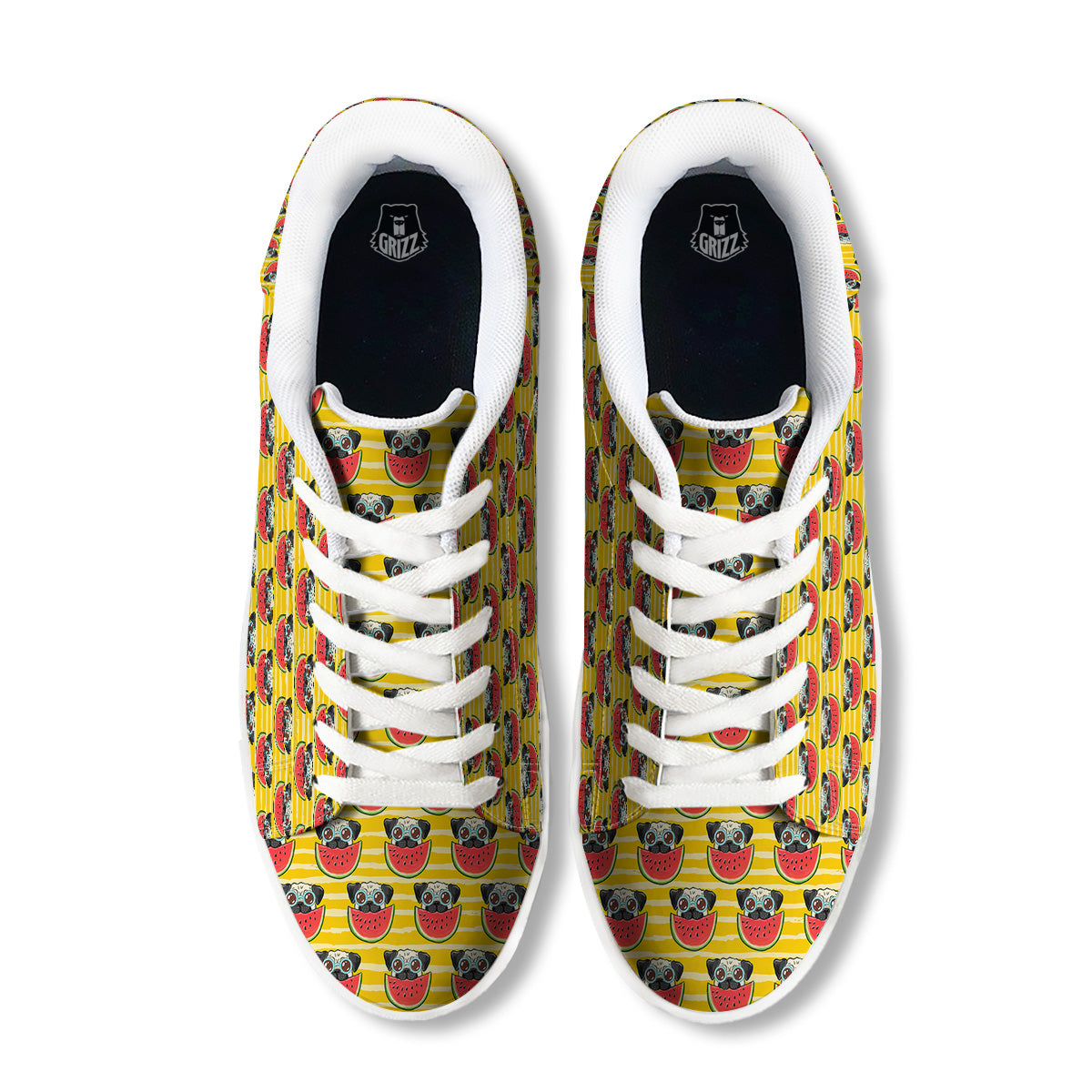 Yellow Striped Pug Dog Print Pattern White Low Top Sneakers-grizzshop