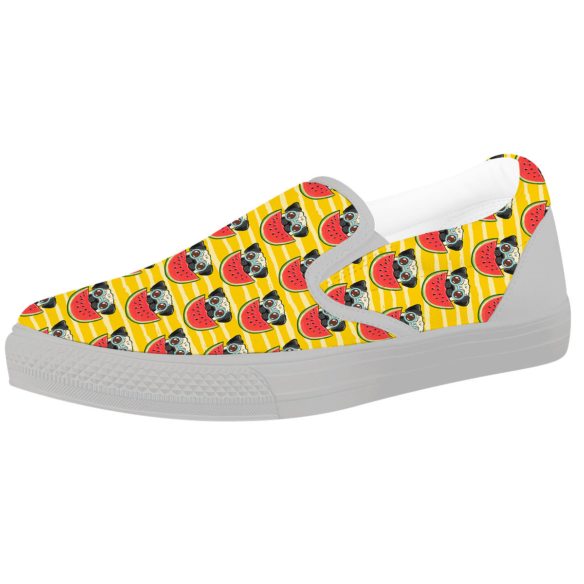 Yellow Striped Pug Dog Print Pattern White Slip On Shoes-grizzshop