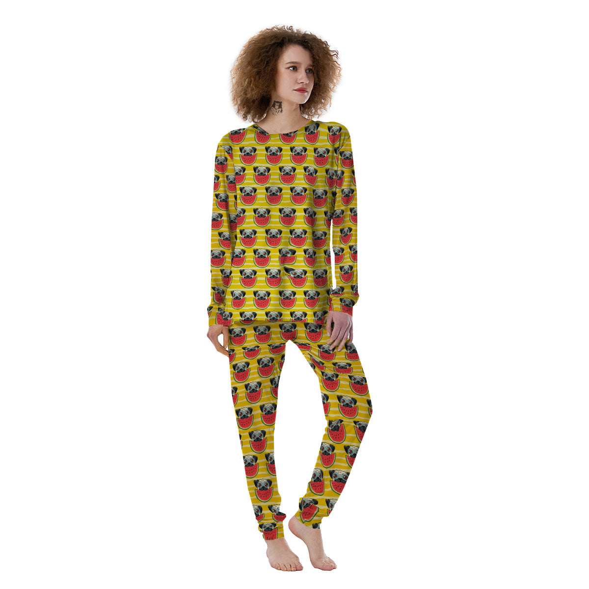 Yellow Striped Pug Dog Print Pattern Women's Pajamas-grizzshop