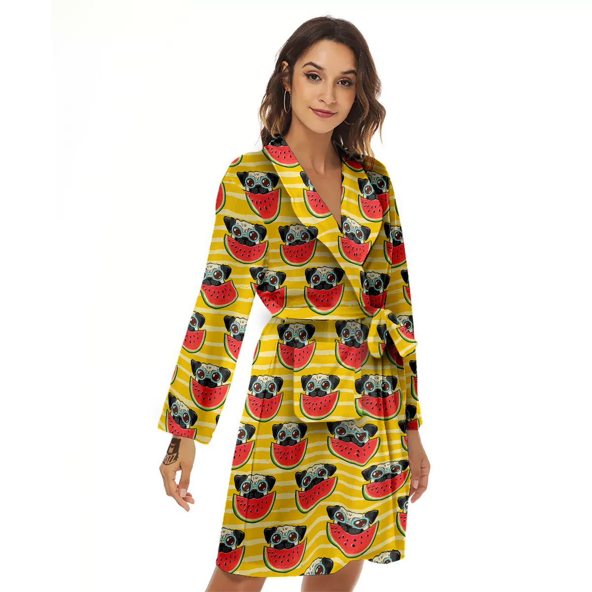 Yellow Striped Pug Dog Print Pattern Women's Robe-grizzshop