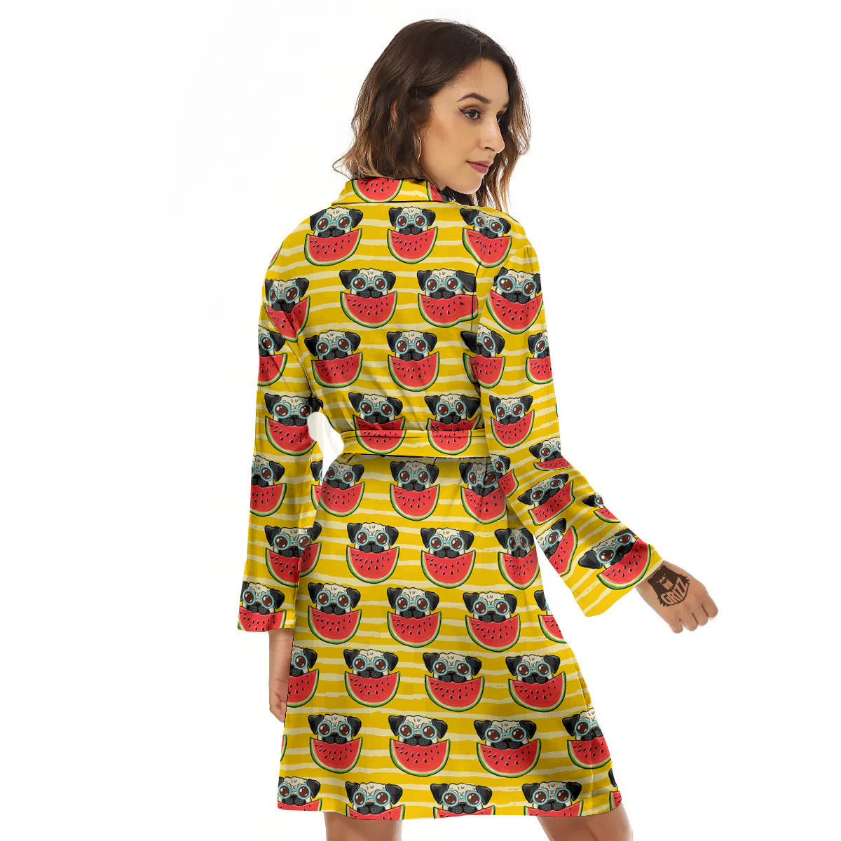 Yellow Striped Pug Dog Print Pattern Women's Robe-grizzshop