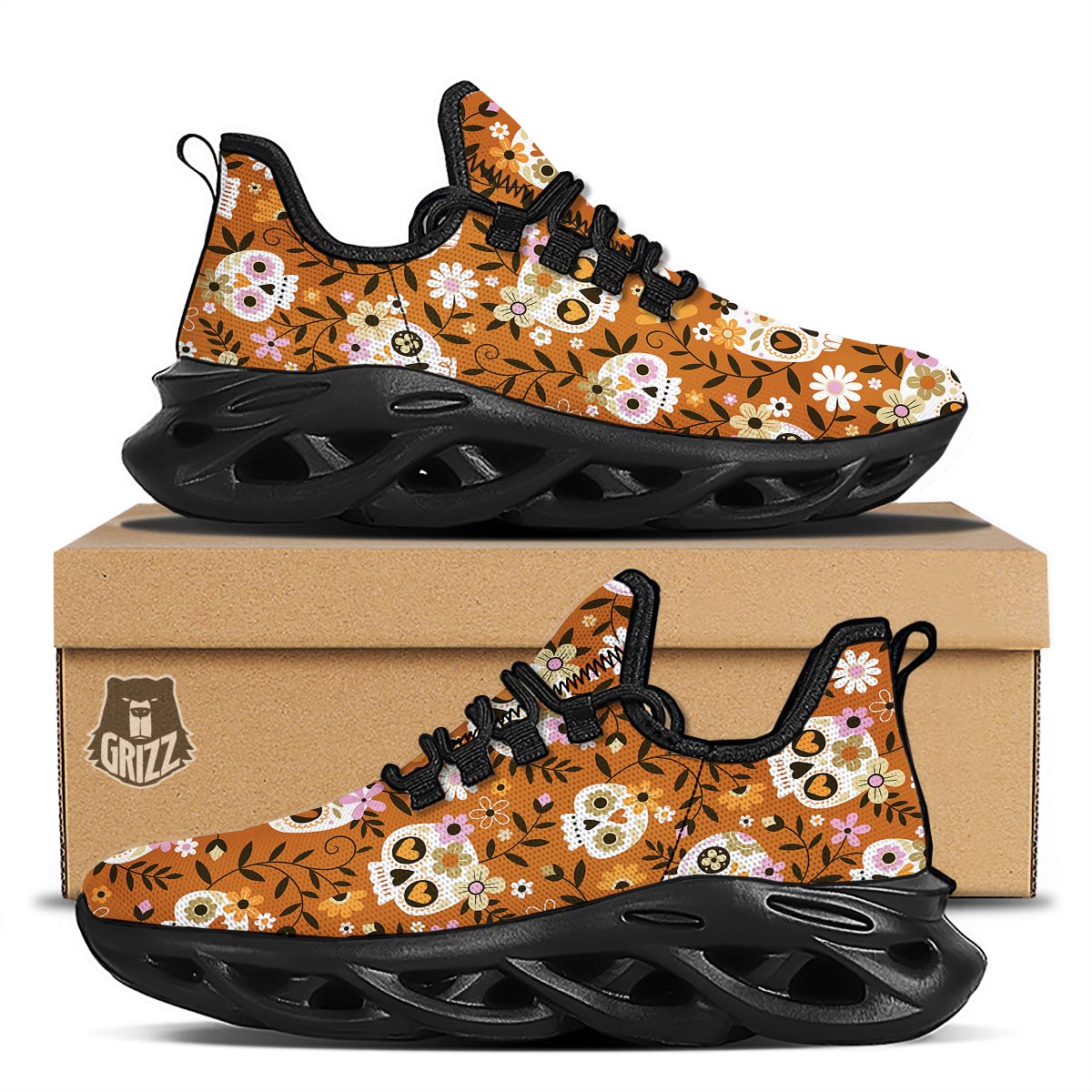 Yellow Sugar Skull Black Running Shoes-grizzshop