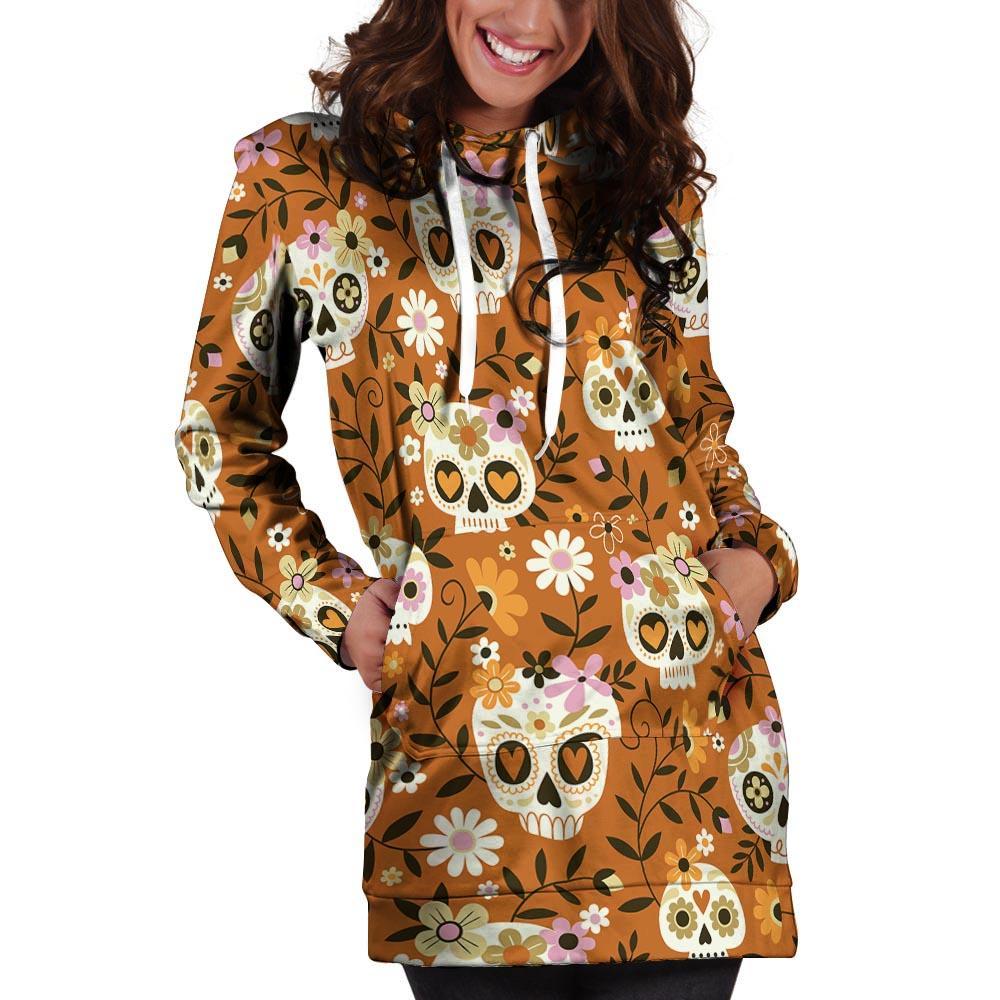 Yellow Sugar Skull Hoodie Dress-grizzshop