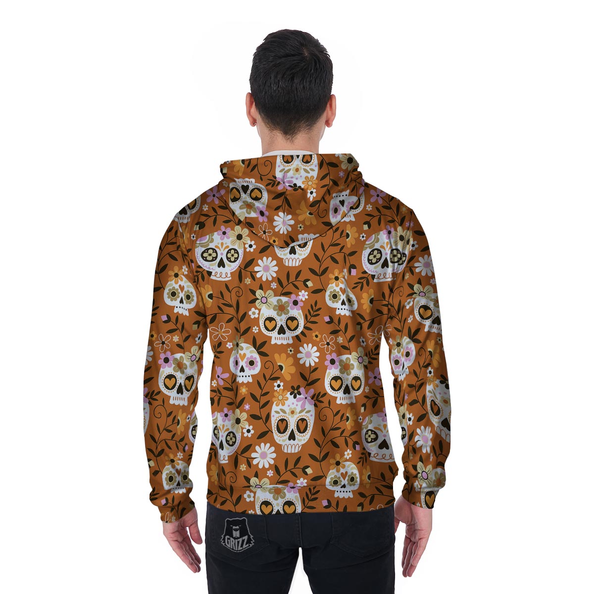 Yellow Sugar Skull Men's Zip Up Hoodie-grizzshop
