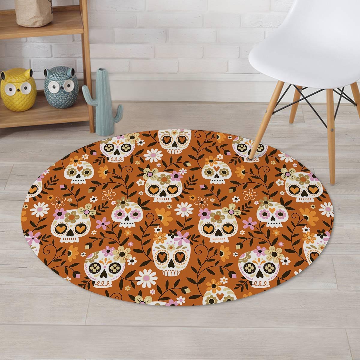 Yellow Sugar Skull Round Rug-grizzshop