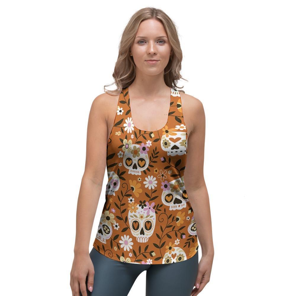 Yellow Sugar Skull Women's Racerback Tank Top-grizzshop
