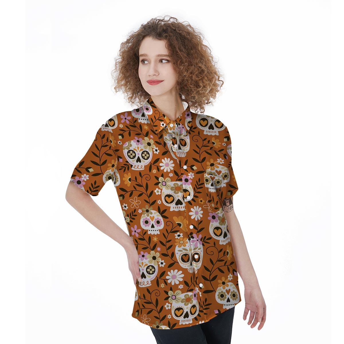 Yellow Sugar Skull Women's Short Sleeve Shirts-grizzshop