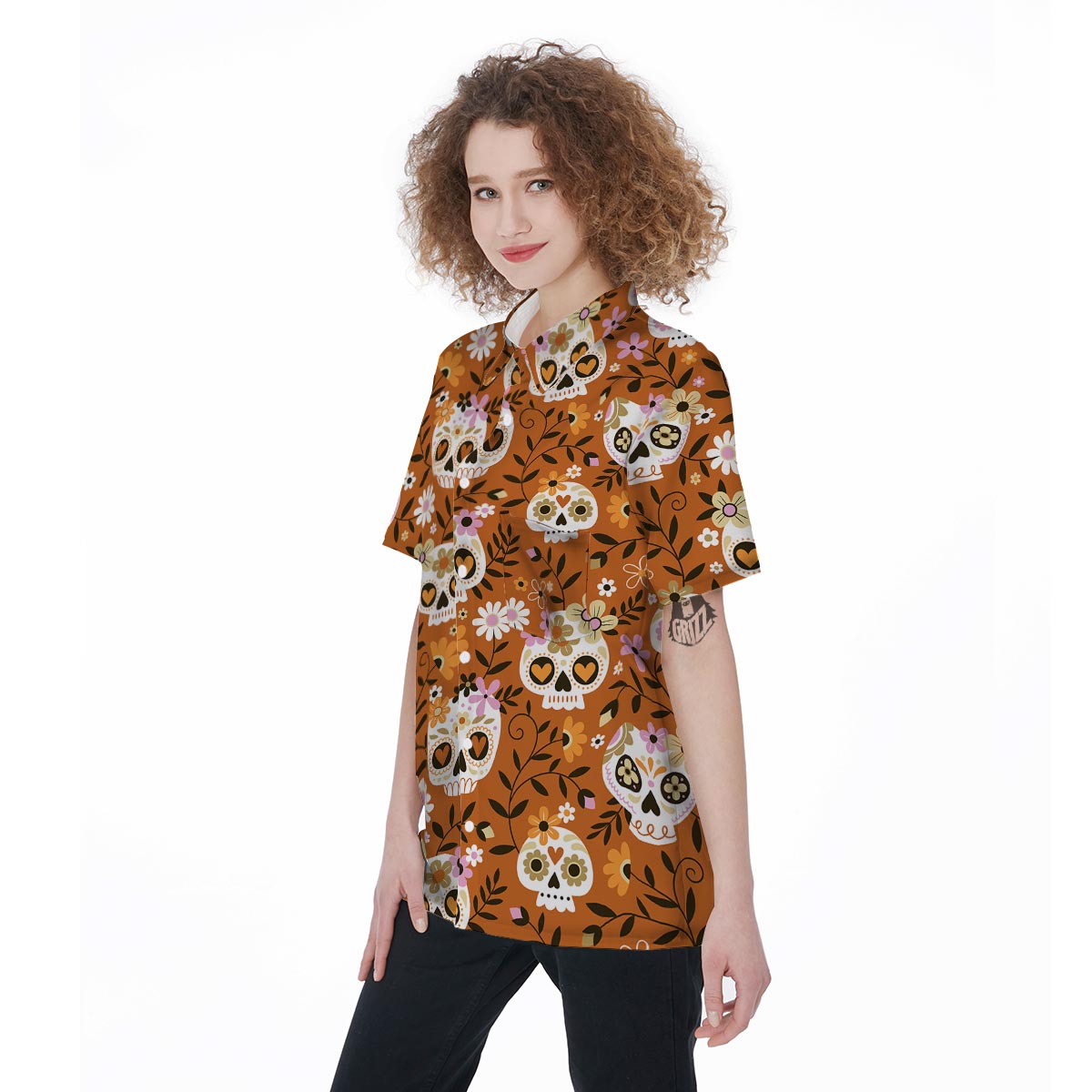 Yellow Sugar Skull Women's Short Sleeve Shirts-grizzshop