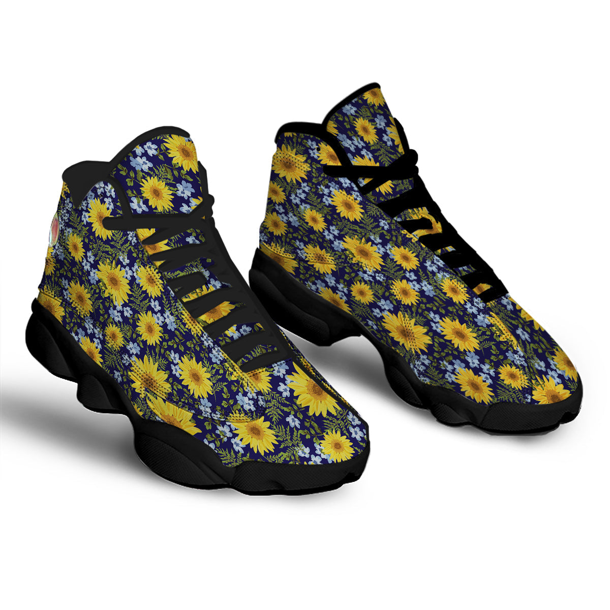 Yellow Sunflower Floral Print Black Basketball Shoes-grizzshop
