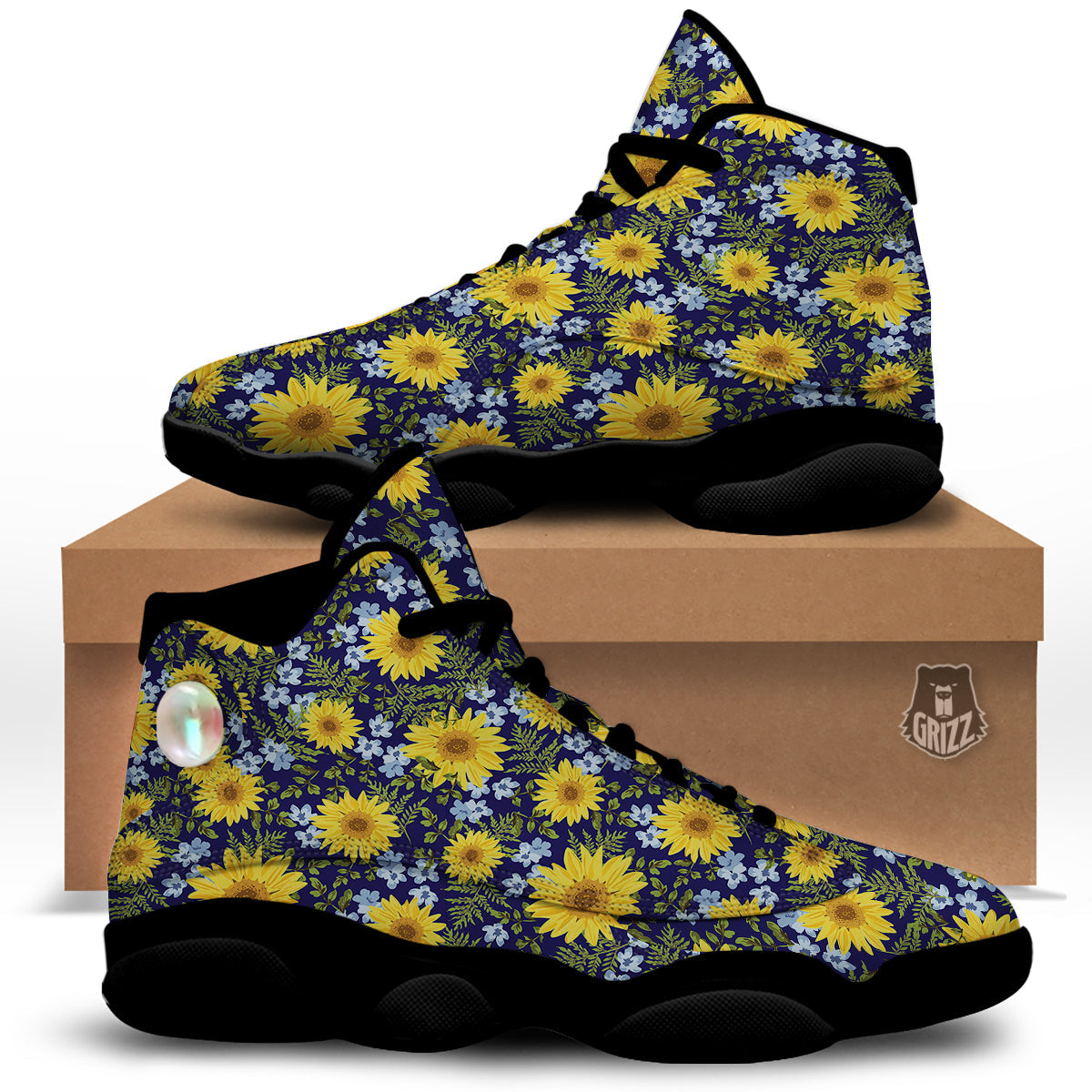 Yellow Sunflower Floral Print Black Basketball Shoes-grizzshop